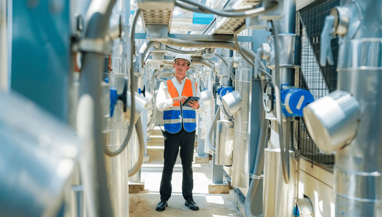 Técnico realizando mantenimiento predictivo y preventivo en maquinaria industrial con monitorización digital