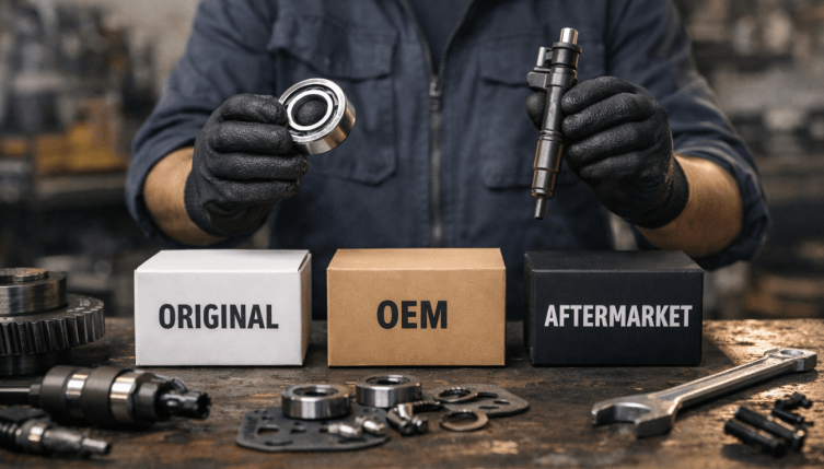 Comparativa de recambios originales vs OEM y aftermarket sobre banco de trabajo en taller mecánico