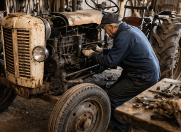 Operario realizando tareas para mejorar rendimiento tractor antiguo en un taller agrícola