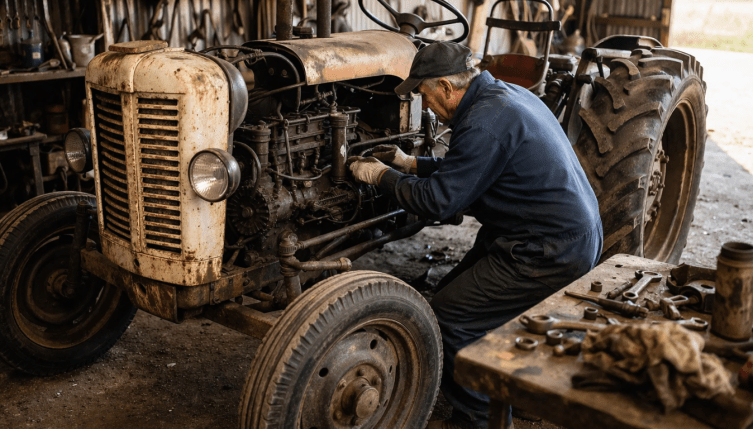 Operario realizando tareas para mejorar rendimiento tractor antiguo en un taller agrícola