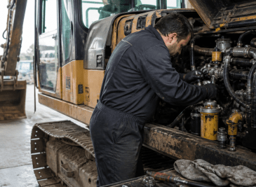 Técnico realizando un plan de mantenimiento para maquinaria pesada en una excavadora industrial dentro de un taller mecánico.