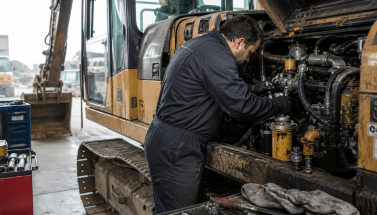 Técnico realizando un plan de mantenimiento para maquinaria pesada en una excavadora industrial dentro de un taller mecánico.