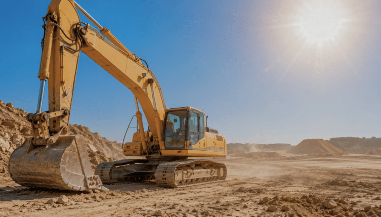 Excavadora en una obra durante el verano, ejemplo de maquinaria preparada para evitar averías por calor y sobrecalentamiento.