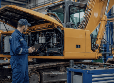 Técnico revisando una excavadora en taller mediante una tablet para controlar el mantenimiento de maquinaria.