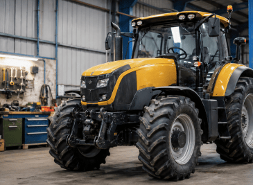 Tractor agrícola amarillo en taller mecánico para revisión y prevención de averías tractores agrícolas.
