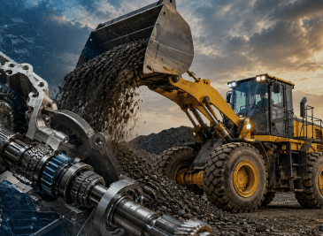 Tipos de transmisión maquinaria pesada con engranajes y cargadora industrial en funcionamiento.