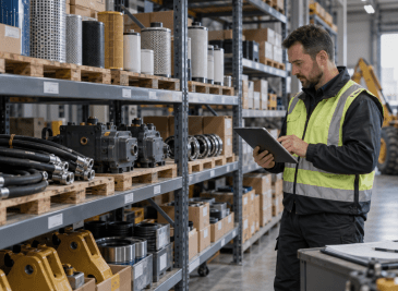 Profesional gestionando el stock de recambios de maquinaria en un almacén industrial.