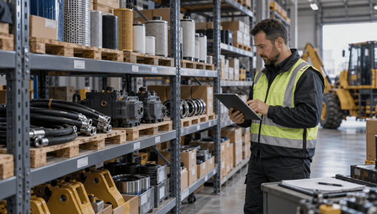 Profesional gestionando el stock de recambios de maquinaria en un almacén industrial.